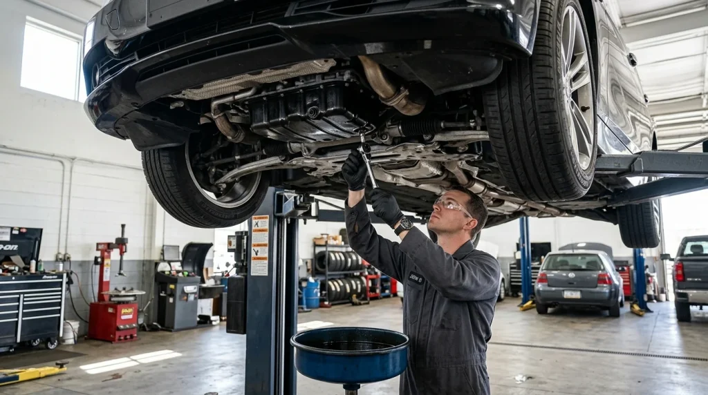 A mechanic performing a professional oil change on a F30 BMW 328i.