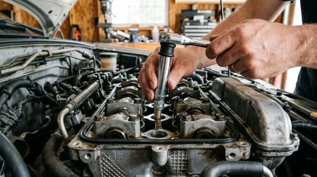 A mechanic using a thin-wall 14mm 12-point socket to install a spark plug on a car engine.