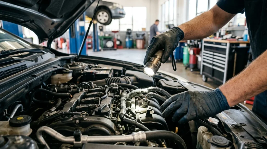 A mechanic inspecting a used car engine in an auto repair shop.