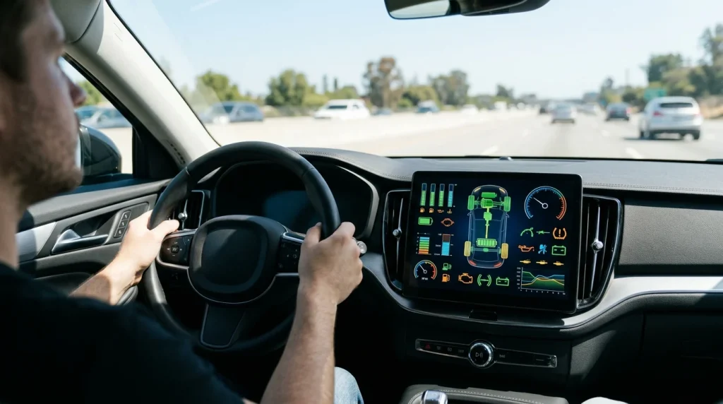 A modern car dashboard screen displaying diagnostic information.
