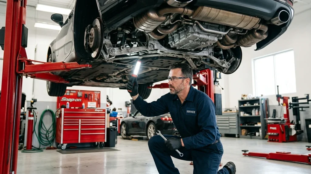 A professional mechanic inspecting a vehicle undercarriage at an auto service center in the United States.