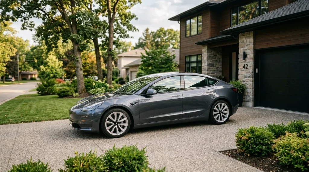 A clean modern luxury electric sedan parked in a residential driveway in the United States.