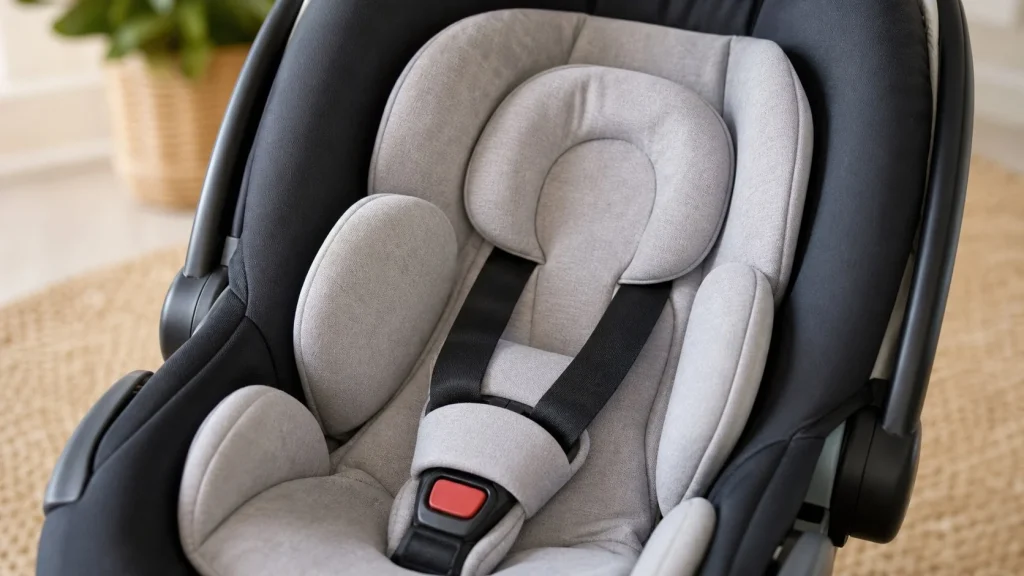 When Does the 2-Hour Car Seat Rule End for Babies? 2 A close-up of a newborn insert in an infant car seat showing the support cushions for a baby's head and neck.