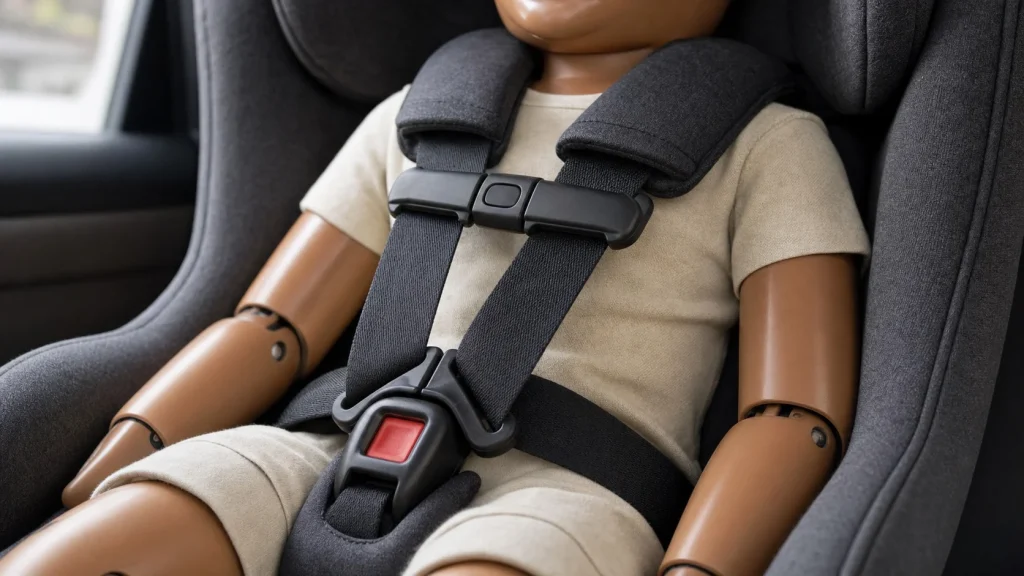 When to Take Newborn Insert Out of Car Seat? 2 Close-up of a correctly adjusted car seat harness chest clip positioned at armpit level