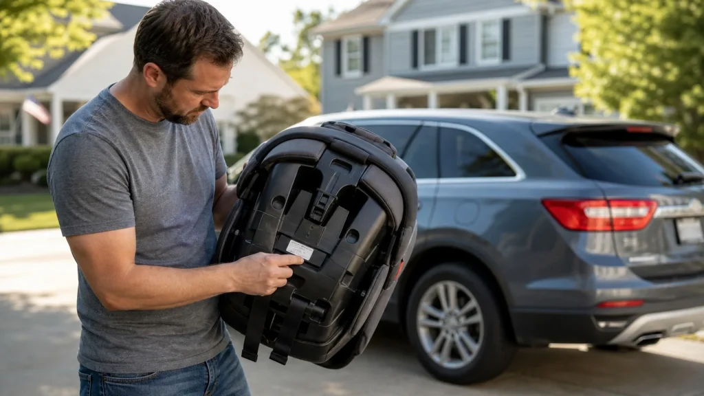 A parent inspecting the bottom of a car seat shell to find the expiration date label in a driveway.