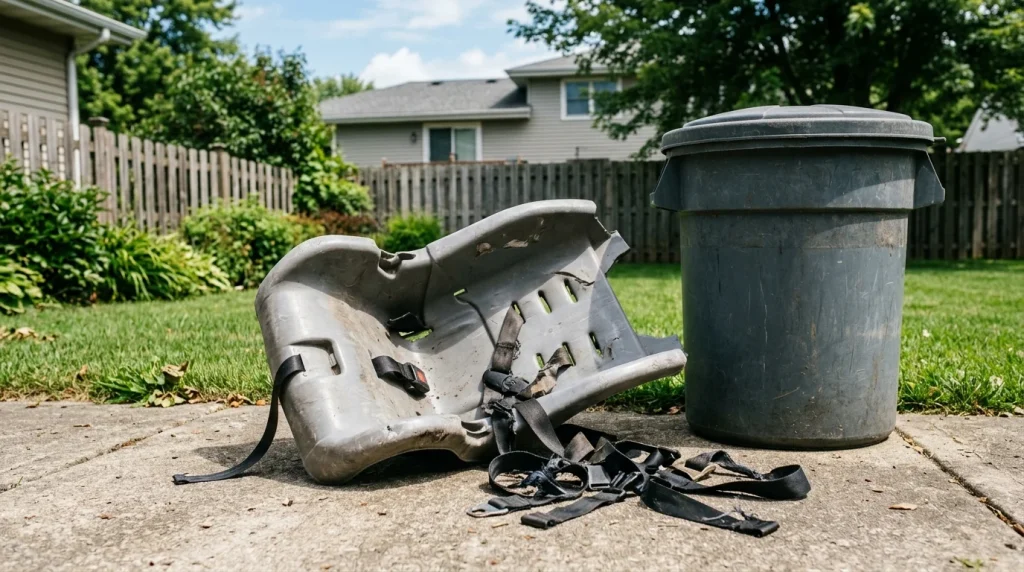 A safely dismantled and cut car seat shell prepared for disposal next to a bin.