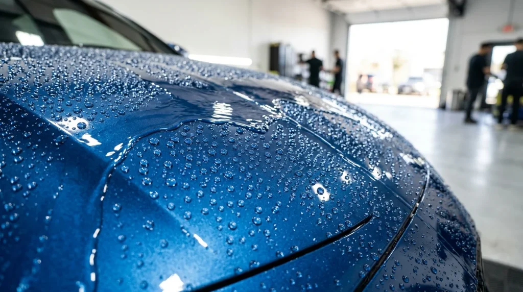 Water beading on a car hood after applying the best ceramic spray wax.