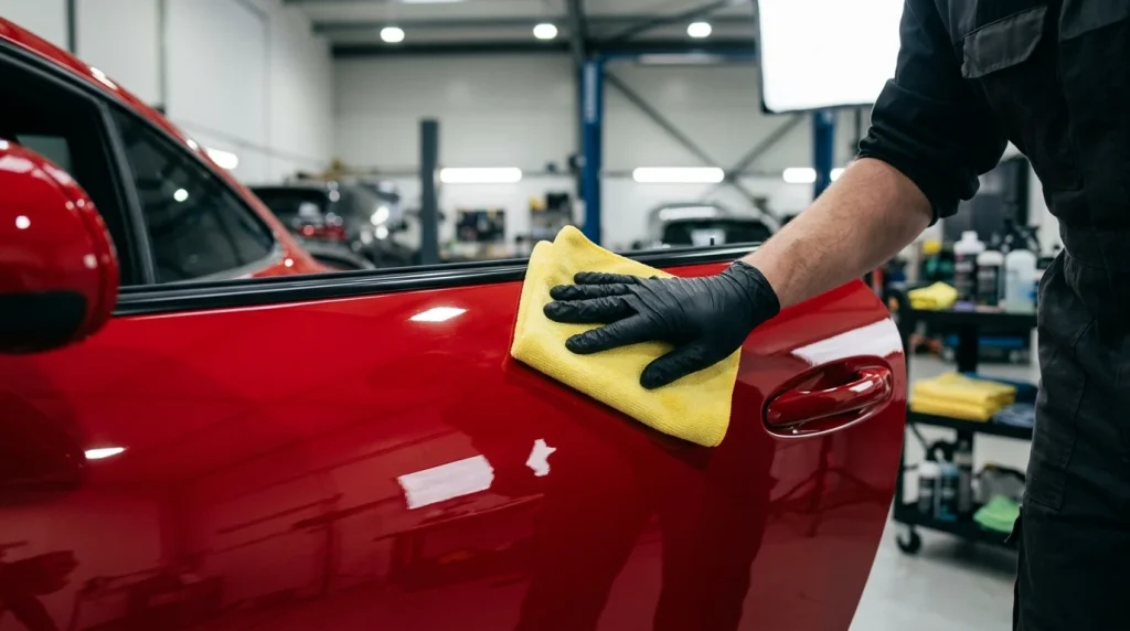 Buffing a car door panel with a microfiber towel during ceramic spray wax application.