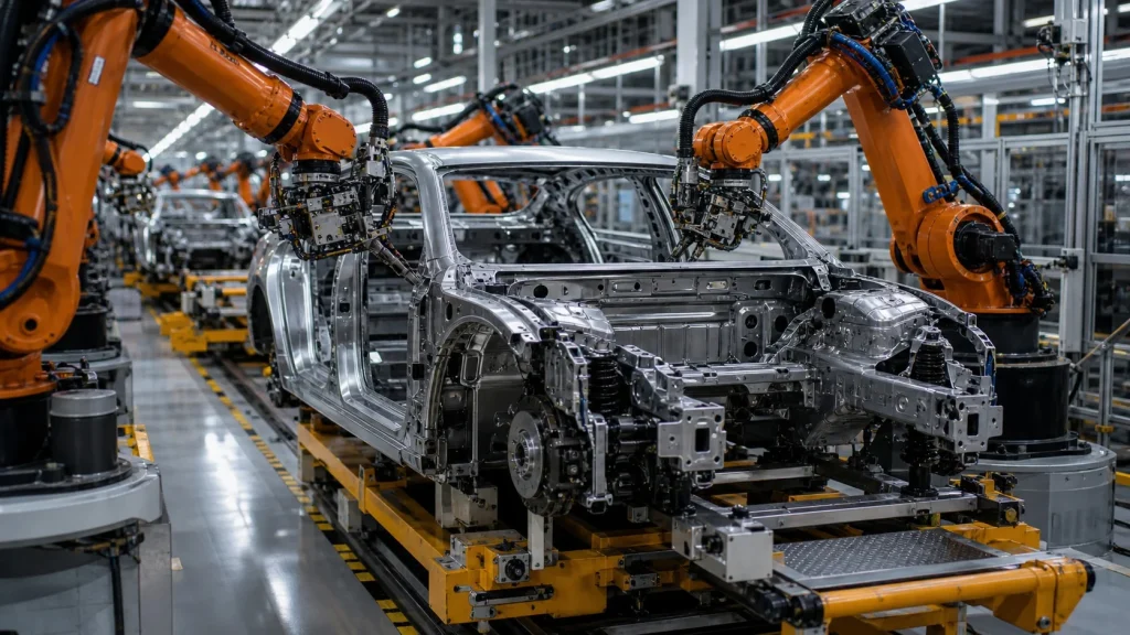 Who Makes Audi Cars? The Volkswagen Group Connection 4 Robotic arms working on a luxury car assembly line in a modern automotive factory.