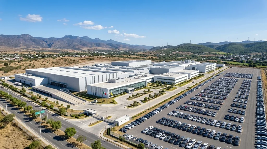 Who Makes Audi Cars? The Volkswagen Group Connection 5 The exterior of a modern automotive assembly plant with newly manufactured vehicles.
