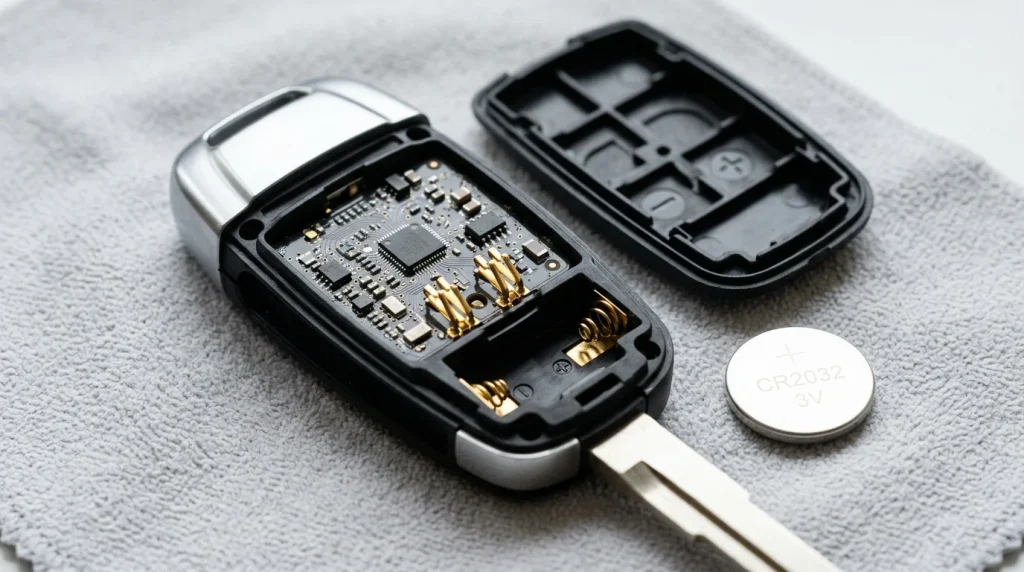 Why Does My Audi Car Keys Red Light Blink But the Car Does Not Open? 2 Disassembled Audi key fob showing CR2032 battery tray and internal contacts.