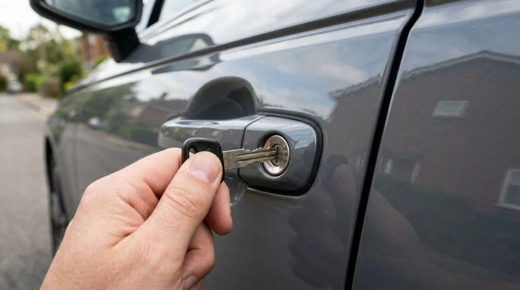 Why Does My Audi Car Keys Red Light Blink But the Car Does Not Open? 3 Inserting mechanical key blade into driver door lock cylinder of an Audi car.