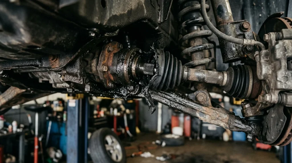 Close-up of a torn rubber CV boot leaking grease on a car drive axle.