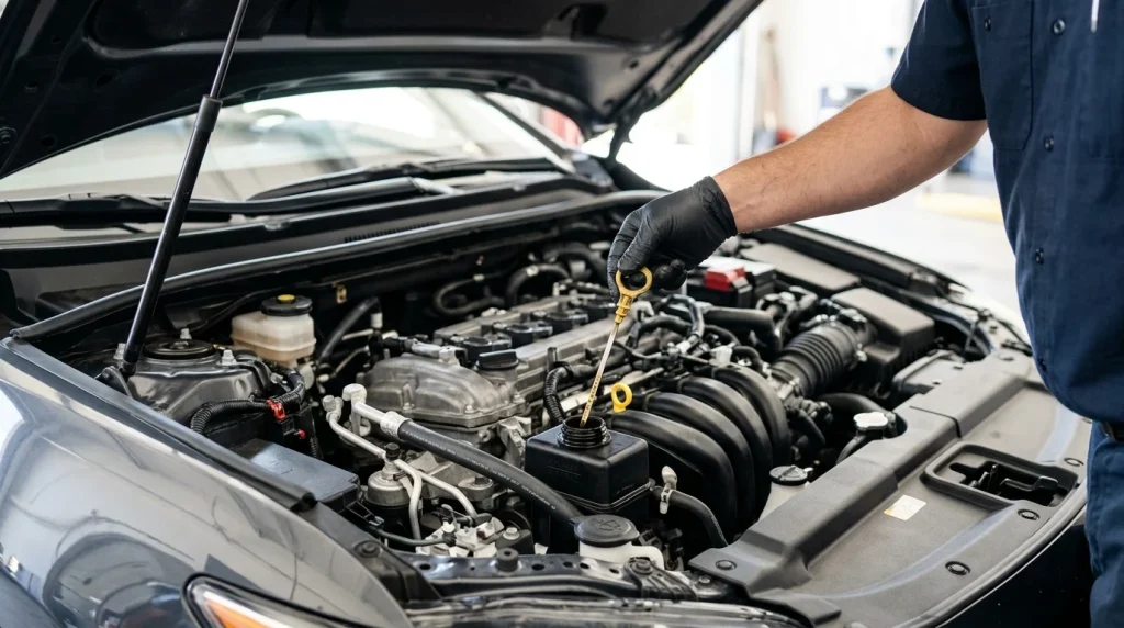 Checking the power steering fluid level in a car engine bay.