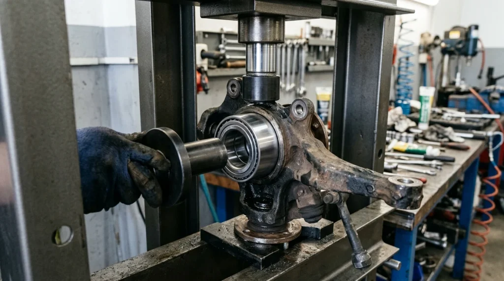 A new wheel bearing unit being installed onto a steering knuckle.