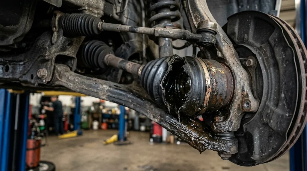 Close-up of a torn rubber CV boot leaking grease on a car drive axle.