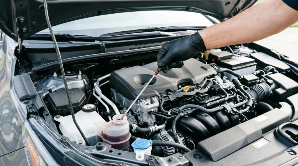 Checking the power steering fluid level in a car engine bay.