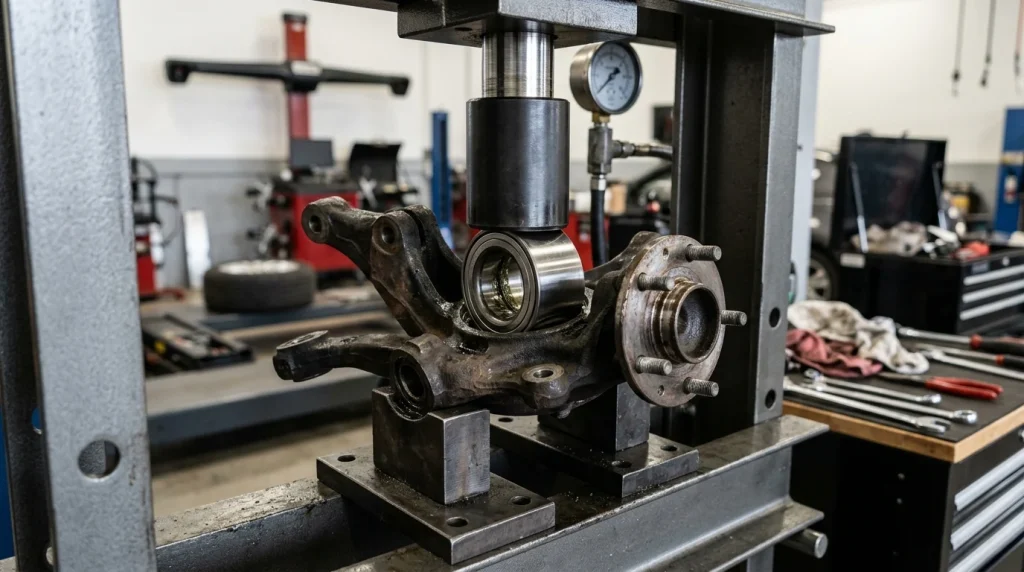 A new wheel bearing unit being installed onto a steering knuckle.
