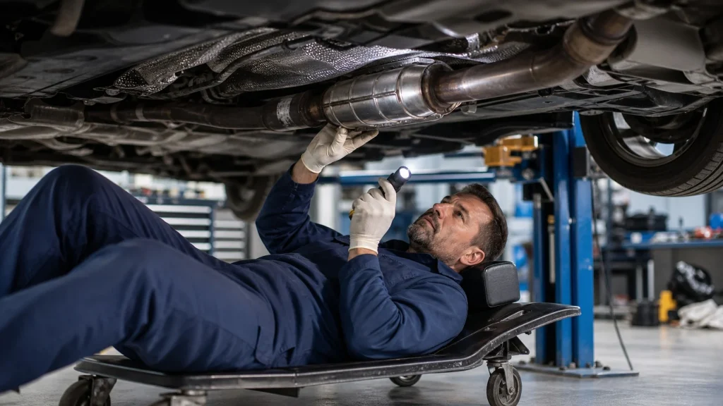 Why Does My Car Smell Like Rotten Eggs? Causes and Repair Costs 4 A professional mechanic examining a catalytic converter for damage.