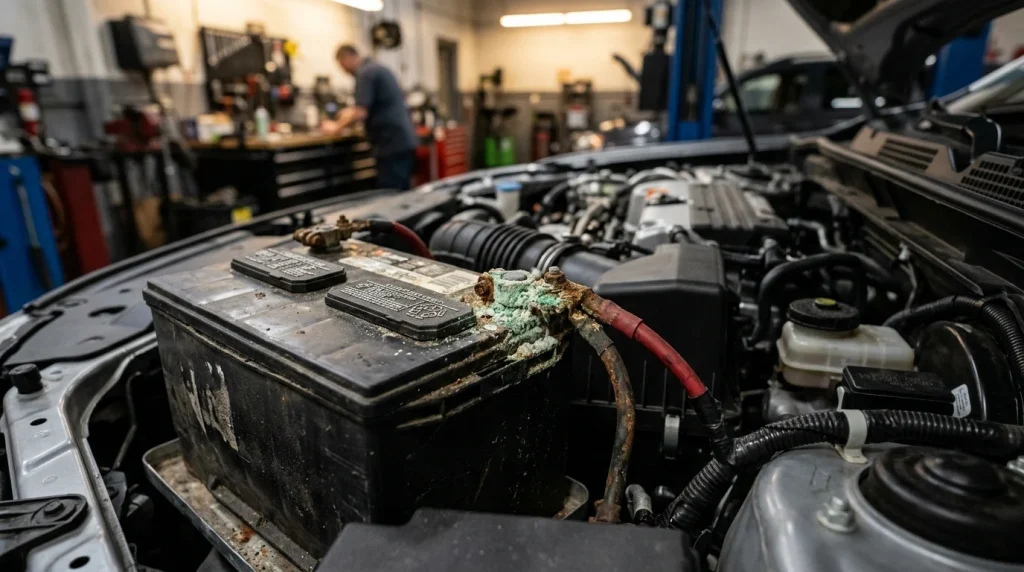 Why Does My Car Smell Like Rotten Eggs? Causes and Repair Costs 5 A swollen 12-volt car battery showing signs of venting and corrosion.