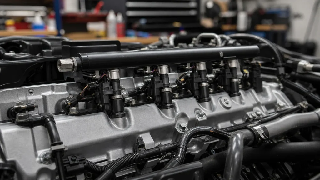 Close-up of a car engine bay showing fuel rail and fuel injectors to diagnose leaks