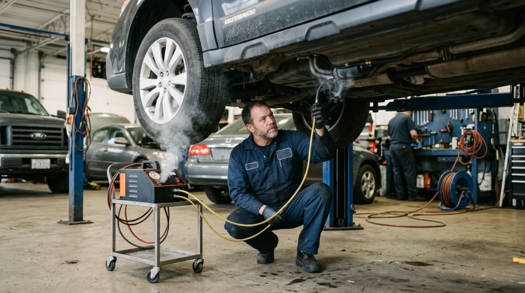 A mechanic performing a diagnostic smoke test to locate a vapor leak in the EVAP system