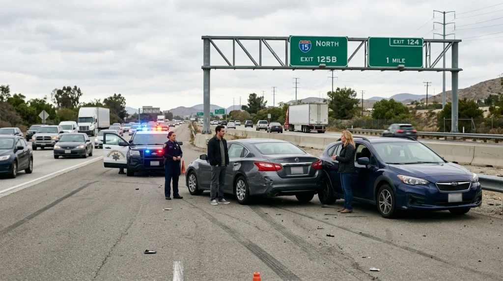 Two cars stopped on a US highway shoulder after a minor accident.