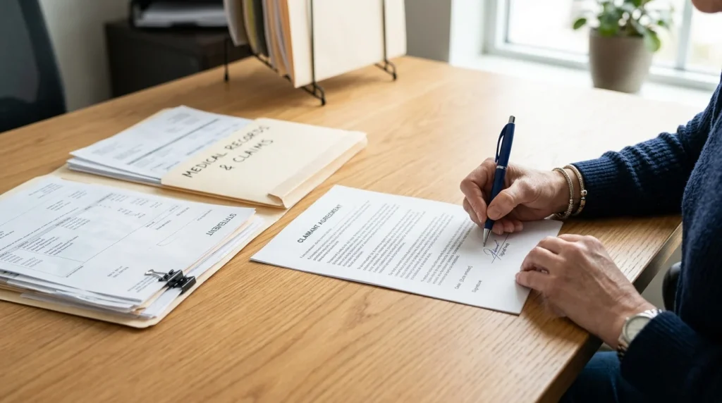 Claimant signing a settlement release form next to a folder of medical bills.