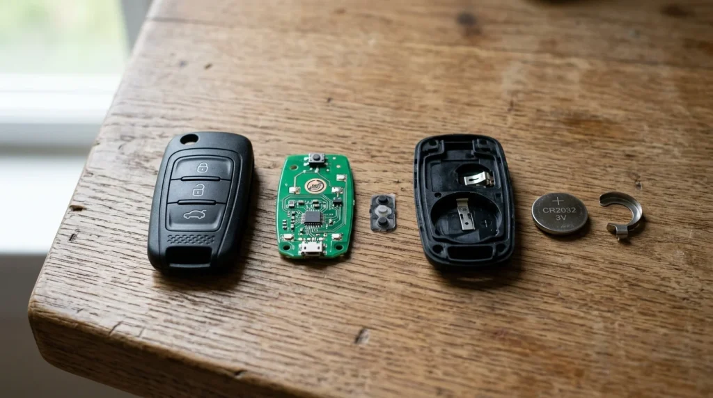 Will remote Audi car key work after being laundered? 2026 Guide 4 Disassembled Audi key fob components including battery and circuit board on a table.