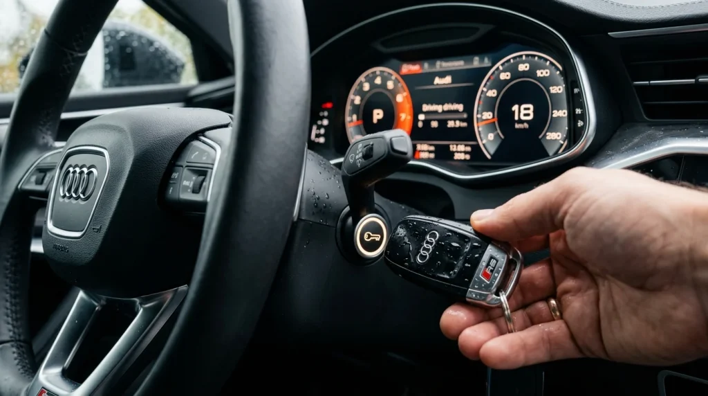 Will remote Audi car key work after being laundered? 2026 Guide 5 Holding a water-damaged Audi key fob against the steering column sensor to start the car.