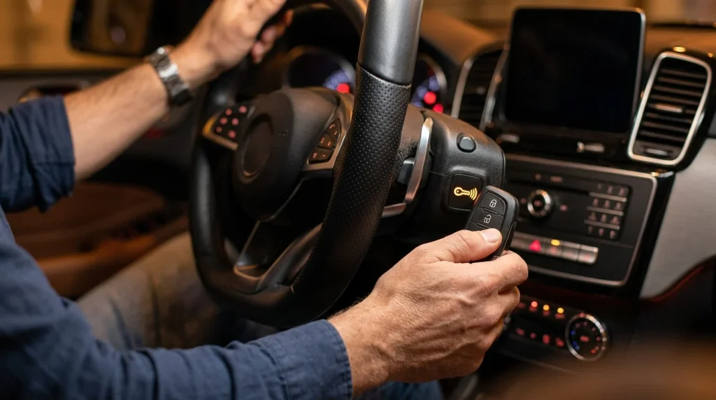 Will Using the Audi Emergency Key Set Off the Alarm? 2026 Guide 2 Placing the Audi key fob against the key detection sensor on the steering column inside the cabin to silence the alarm.
