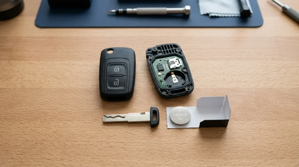 Will Using the Audi Emergency Key Set Off the Alarm? 2026 Guide 3 Disassembled Audi smart key fob with a replacement CR2032 coin battery on a clean workspace table.