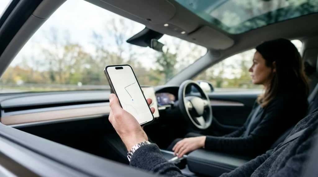 Driver holding a smartphone displaying the myAudi app charging activation menu inside an Audi vehicle.