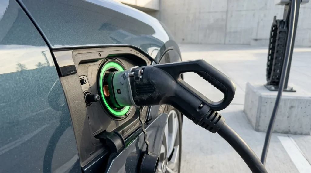 Close-up of an Audi electric vehicle charging port connected to a high-power DC fast-charging cable.