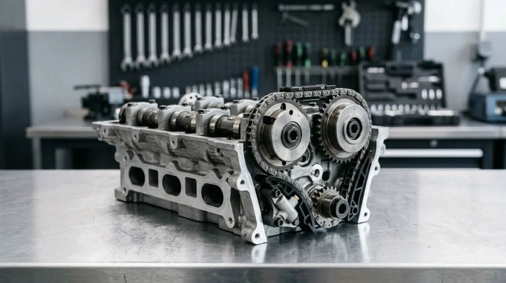 Close-up view of an Audi 2.0L TFSI engine timing chain assembly and hydraulic tensioner