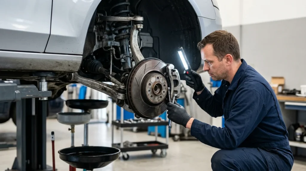 Professional technician inspecting Audi brake components and suspension on a vehicle lift.
