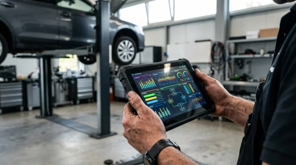 Automotive technician accessing digital vehicle service records on a tablet interface.