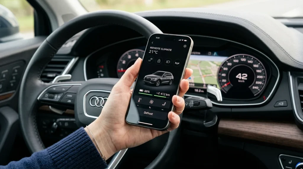 Driver using the myAudi mobile application to initiate vehicle climate settings and remote start inside a 2025 Audi Q5 model cockpit.