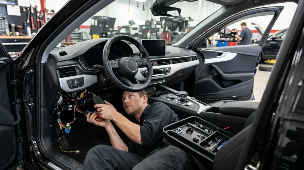 Automotive technician installing an aftermarket remote start bypass module under the dashboard of a 2020 Audi A4 model.