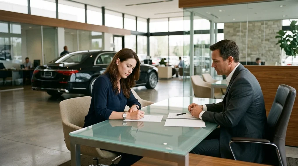 A car buyer discussing financing payment terms at an authorized Audi dealership desk.