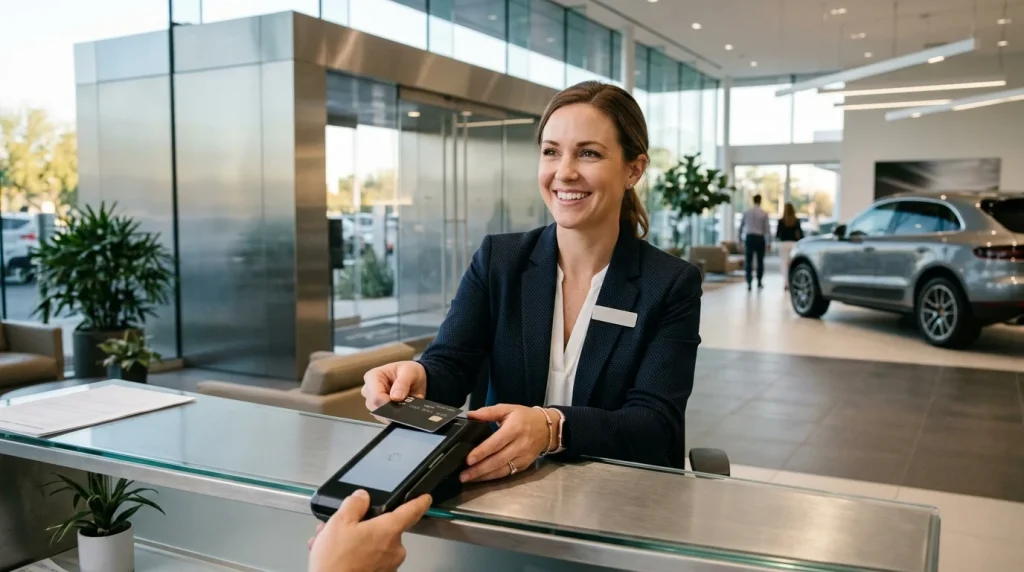 An Audi dealership service center desk processing a vehicle maintenance invoice payment with a credit card.