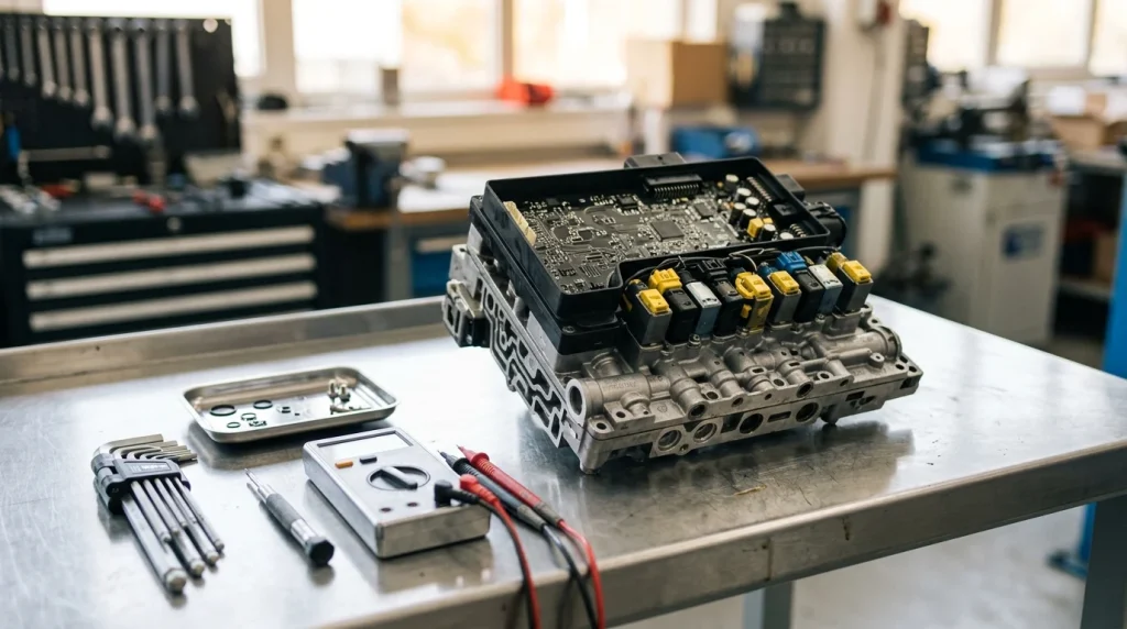 Audi S tronic transmission mechatronic control unit and solenoid valves on a workshop repair bench.