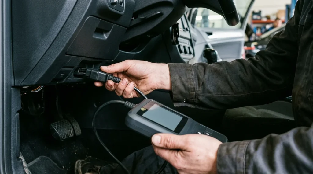 Automotive technician connecting an OBD-II diagnostic scanner to read Audi transmission control module fault codes.