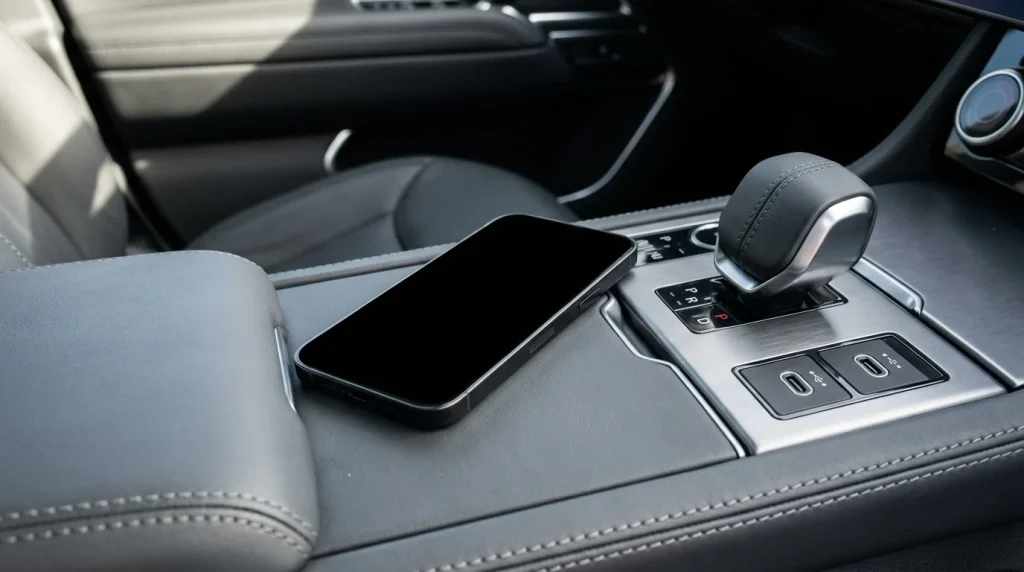 Does Audi Charge for Apple CarPlay? 2026 US and EU Guide 4 Smartphone resting near the USB-C connectivity ports in the center console of an Audi