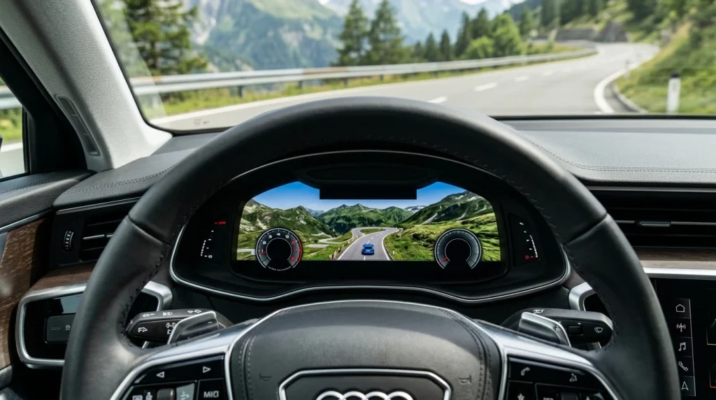 Does Audi Charge for Apple CarPlay? 2026 US and EU Guide 5 Audi Virtual Cockpit digital instrument cluster displaying navigation maps behind the steering wheel