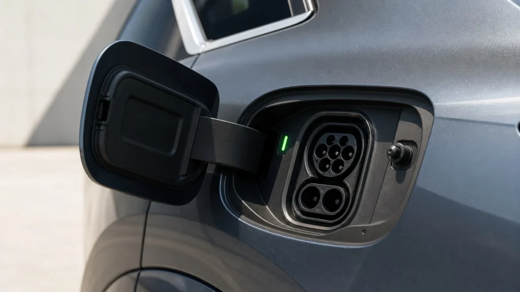 Close-up of the plug-in hybrid charging port on an Audi TFSI e model showing the electric charging socket