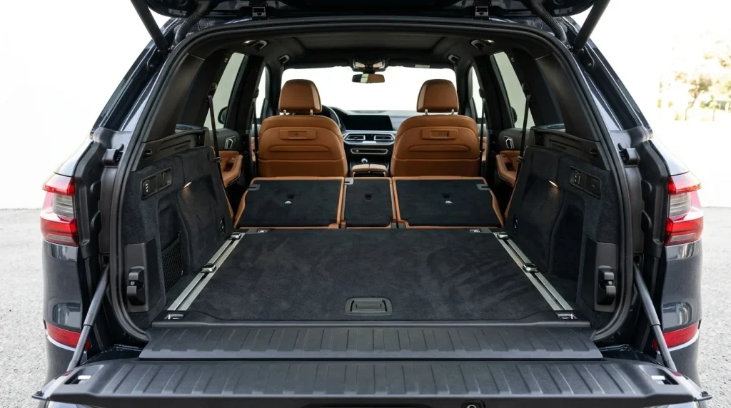 Spacious rear cargo area of a luxury five-seat BMW X5 with rear seats upright