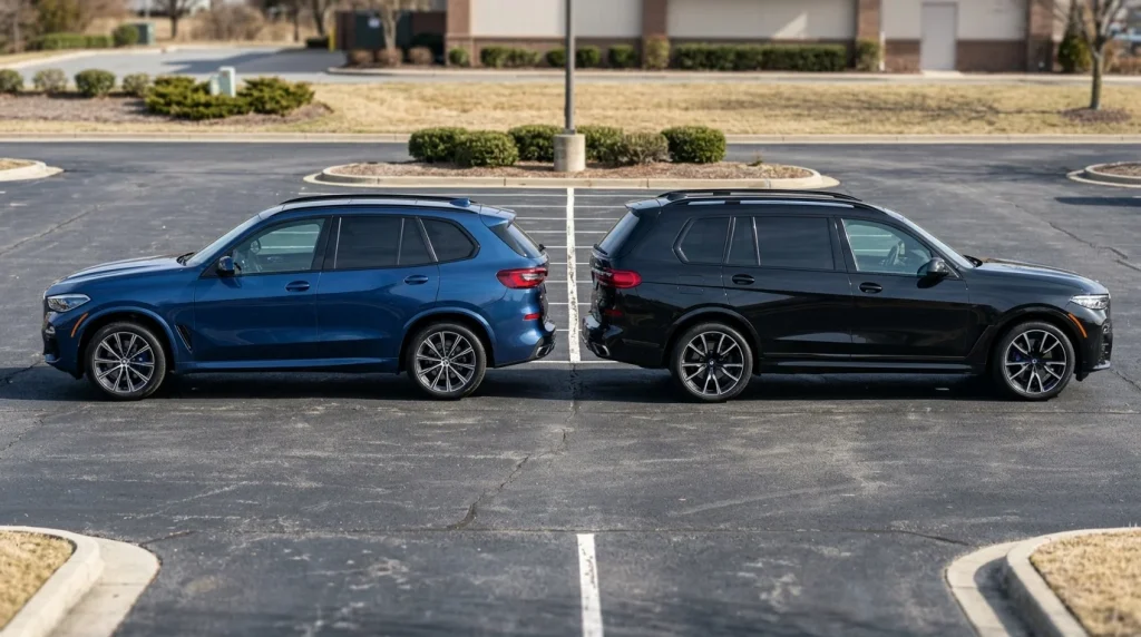 Side profile comparison of a blue BMW X5 and a black three-row BMW X7 highlighting size and wheelbase differences
