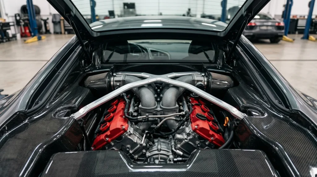 Mid-mounted 5.2-liter naturally aspirated V10 engine bay of the Audi R8 V10 Performance