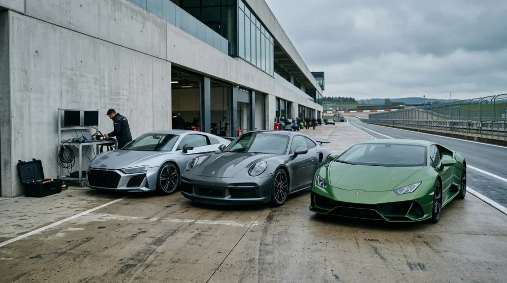 Audi R8 V10 Performance parked alongside supercar rivals in a track pit lane during instrumented comparison testing